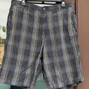Tommy Bahama Paradise Nation Navy Blue/Yellow/White Plaid Linen/Silk Shorts 36